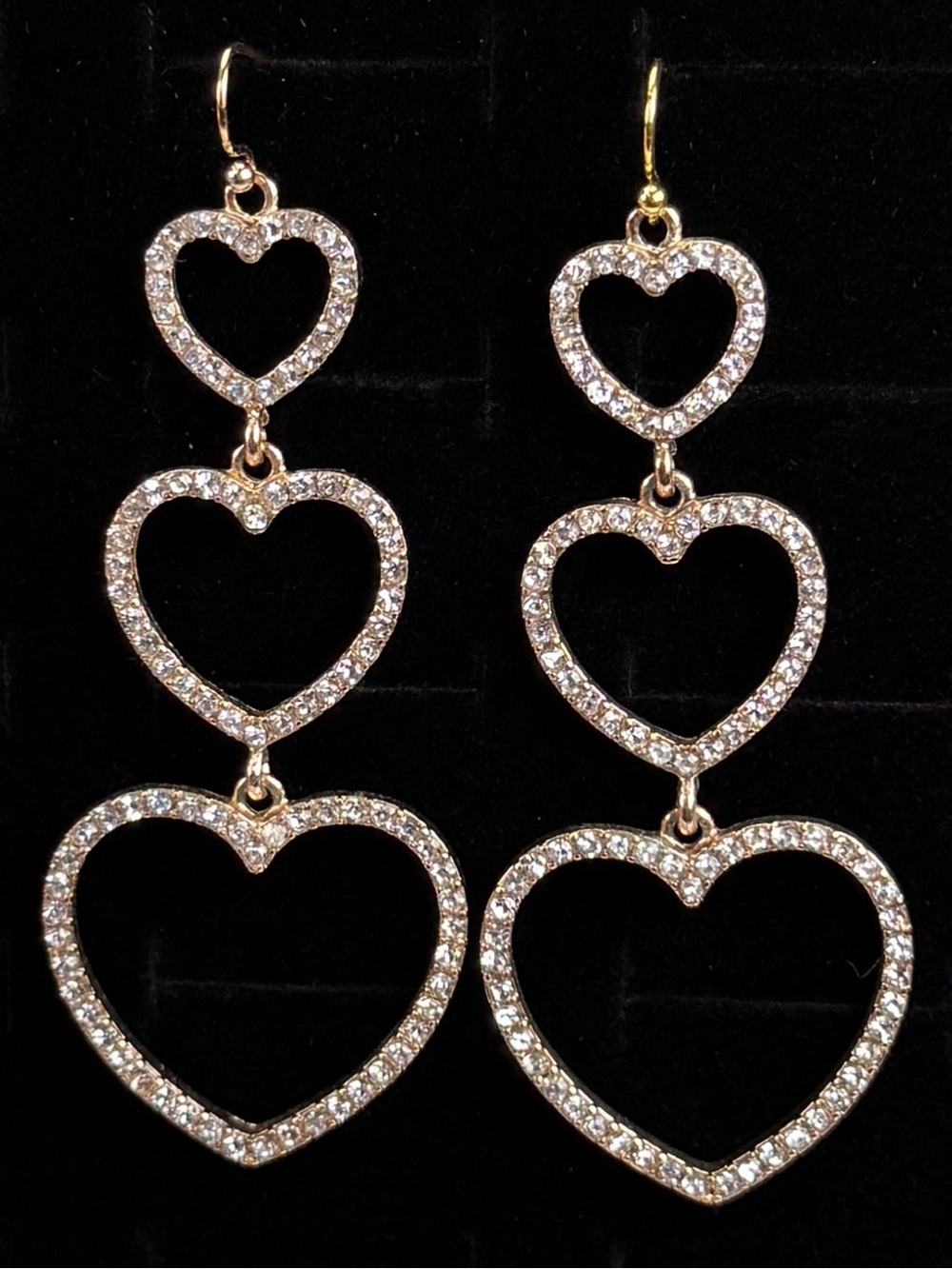 Goldtone Triple Heart Bling Drop Pierced Earrings